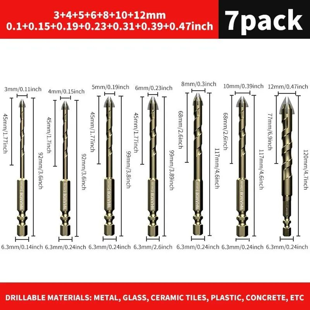 Cross Hex Tile Drill Bit Set For Glass Ceramic Concrete Tungsten Carbide Alloy Hard Bits For Tile H 7