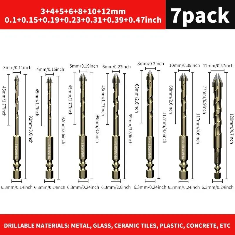 Cross Hex Tile Drill Bit Set For Glass Ceramic Concrete Tungsten Carbide Alloy Hard Bits For Tile H 7