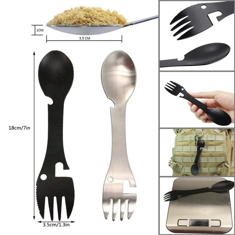MultiFunctional Outdoor Survival Tools Kit  Camping EDC Gear With Fork Knife Spoon  Bottle Can Open 1