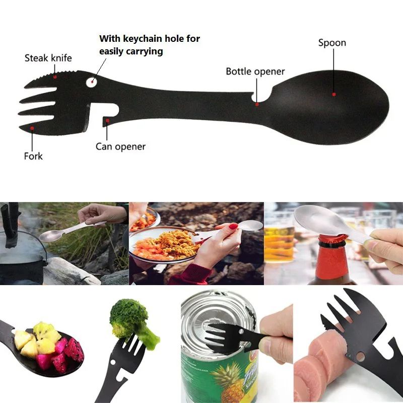 MultiFunctional Outdoor Survival Tools Kit  Camping EDC Gear With Fork Knife Spoon  Bottle Can Open 2