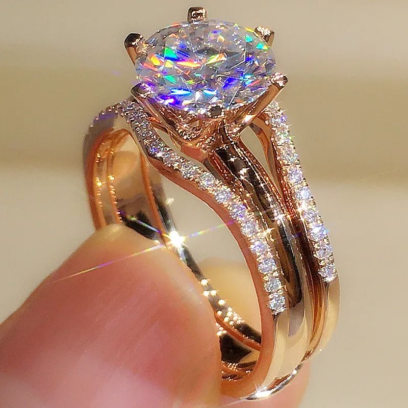 Huitan Classic Rose Gold Color CZ Ring For Women Elegant Wedding  Engagement Jewelry 4