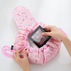 women drawstring cosmetic bag travel makeup organizer, waterproof nylon portable beauty toiletry case pouch for purse