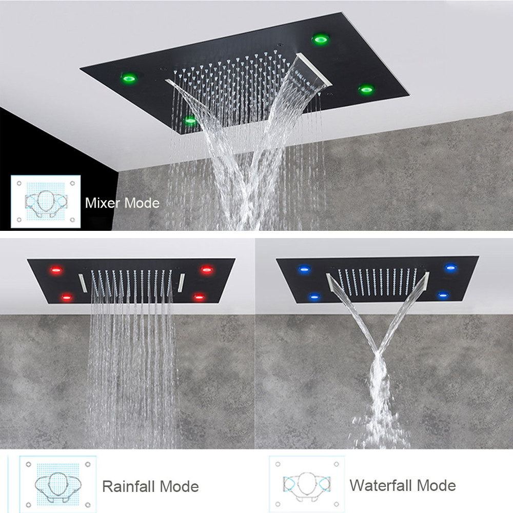 Black Ceiling Intelligent LED Rainfall Waterfall Shower Head Concealed Single Shower Tap 1