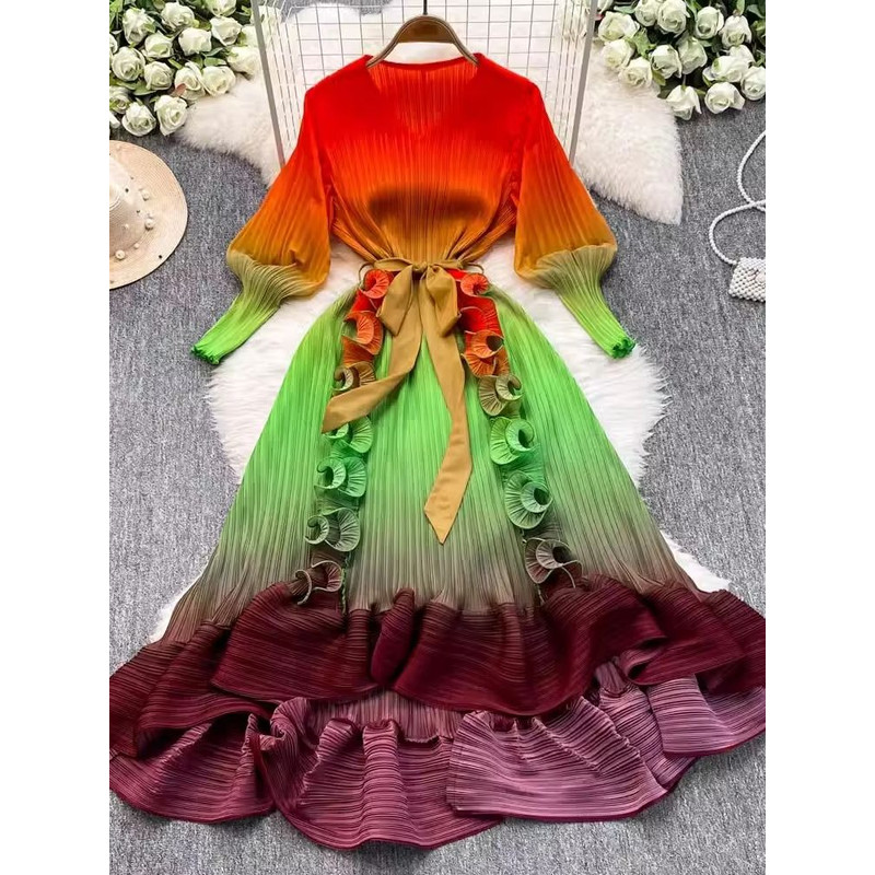Luxury Miyake 3D Ruffles Pleated Dress Gradient Color Boho Robe With VNeck LaceUp Belt For Womens 0