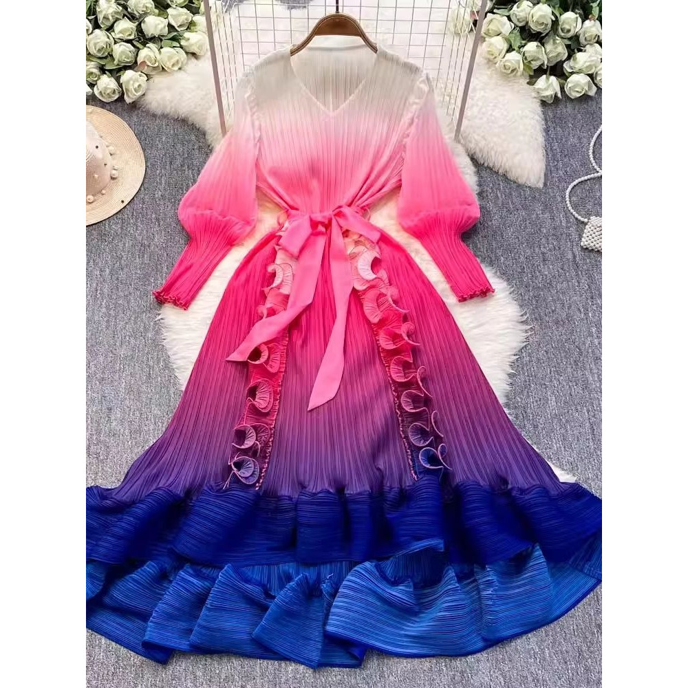 Luxury Miyake 3D Ruffles Pleated Dress Gradient Color Boho Robe With VNeck LaceUp Belt For Womens 1