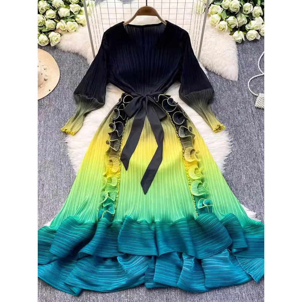 Luxury Miyake 3D Ruffles Pleated Dress Gradient Color Boho Robe With VNeck LaceUp Belt For Womens 2