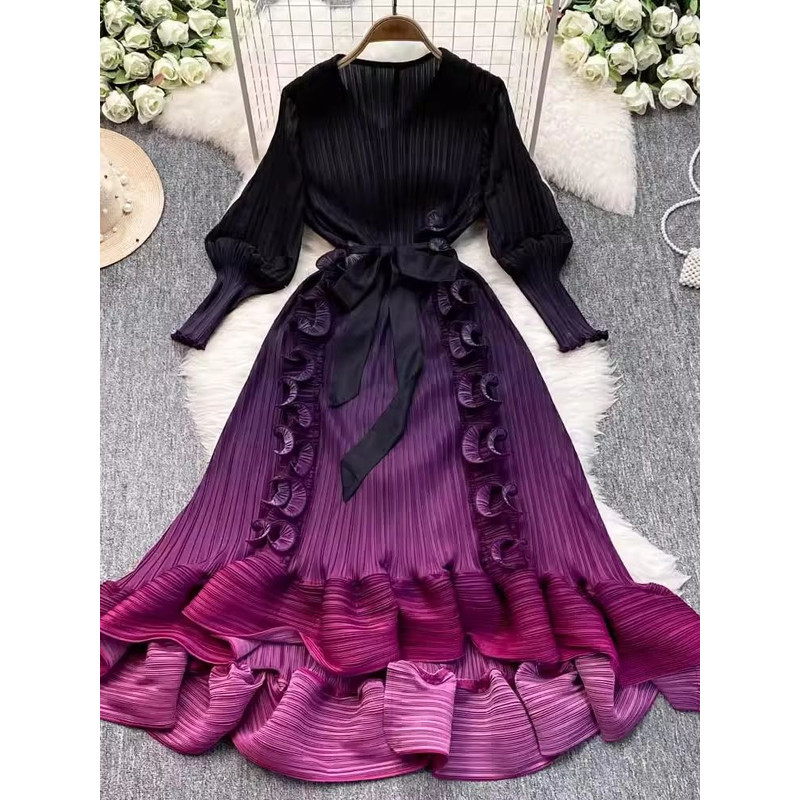 Luxury Miyake 3D Ruffles Pleated Dress Gradient Color Boho Robe With VNeck LaceUp Belt For Womens 4