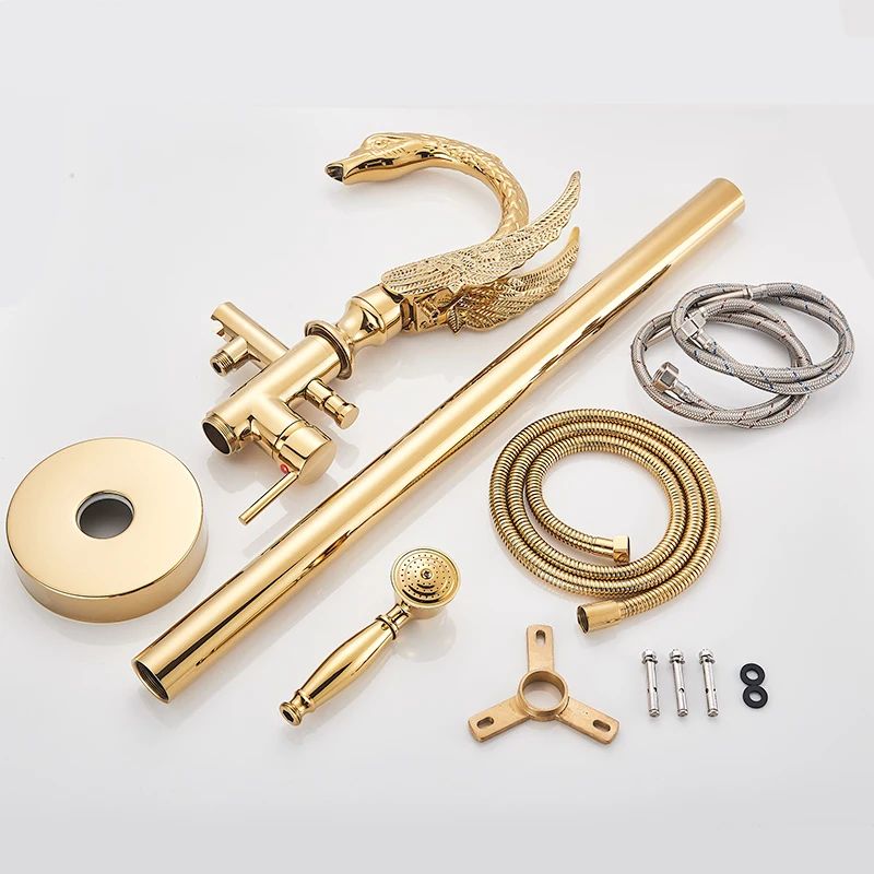 Luxury Quyanre Floor Standing Gold Swan Bathtub Faucet Modern Black Chrome Shower Mixer Tap For Bat 5