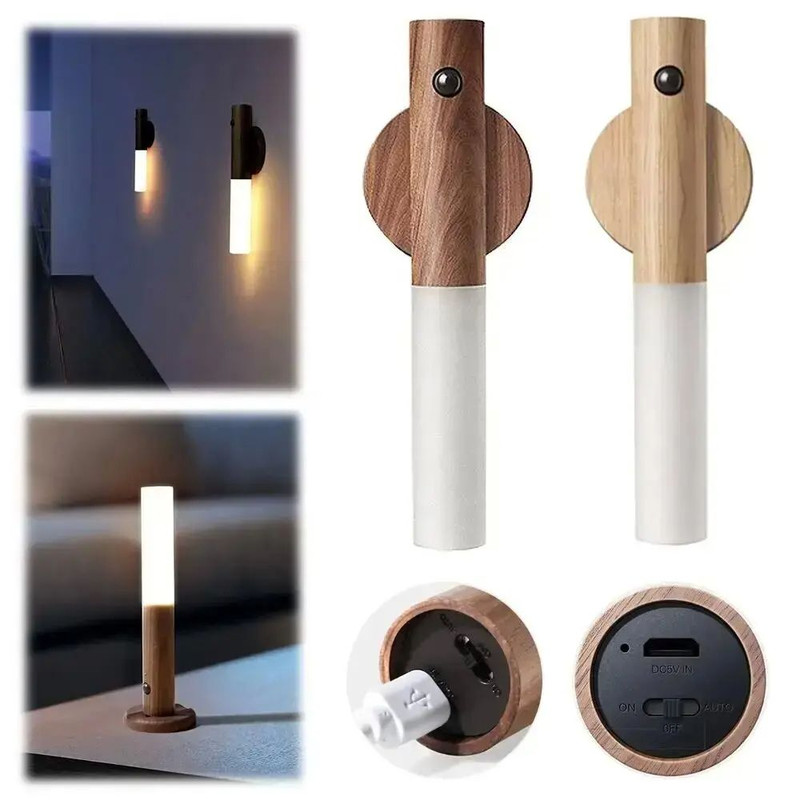 Creative Smart PIR Auto Motion Sensor LED Night Light Rechargeable Magnetic Wood Cabinet  Wall Lamp 0