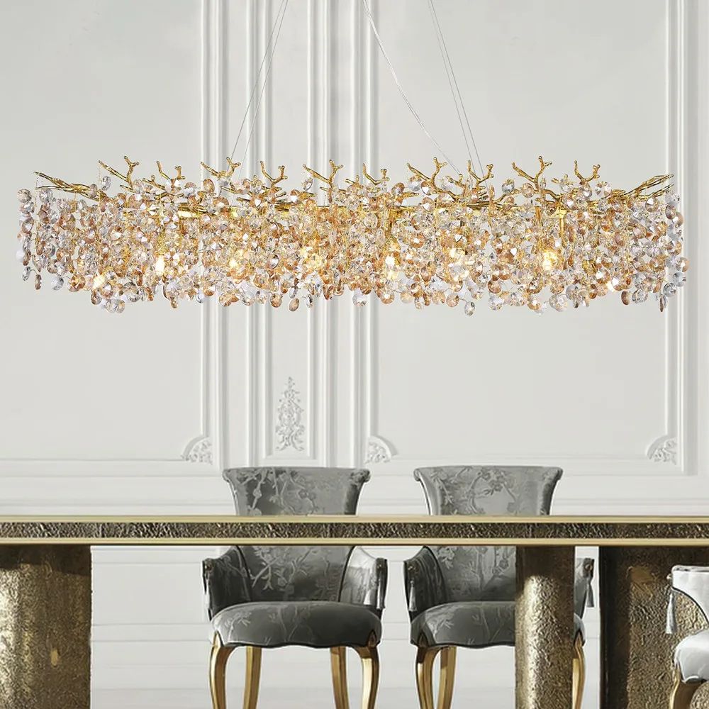 Modern Rectangle Crystal Chandelier Large Gold Branch Hanging Pendant Light For Dining Room Living 0
