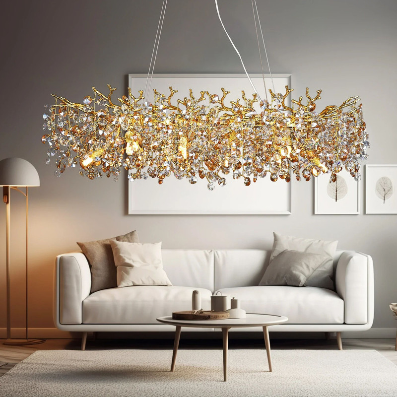 Modern Rectangle Crystal Chandelier Large Gold Branch Hanging Pendant Light For Dining Room Living 1