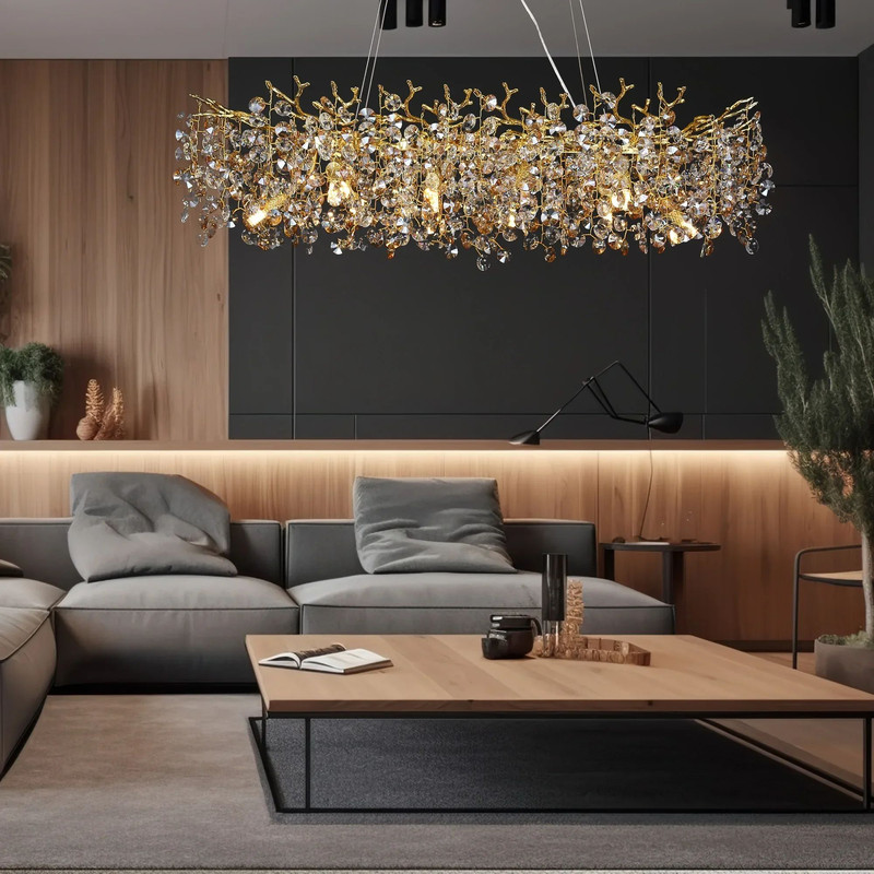 Modern Rectangle Crystal Chandelier Large Gold Branch Hanging Pendant Light For Dining Room Living 2