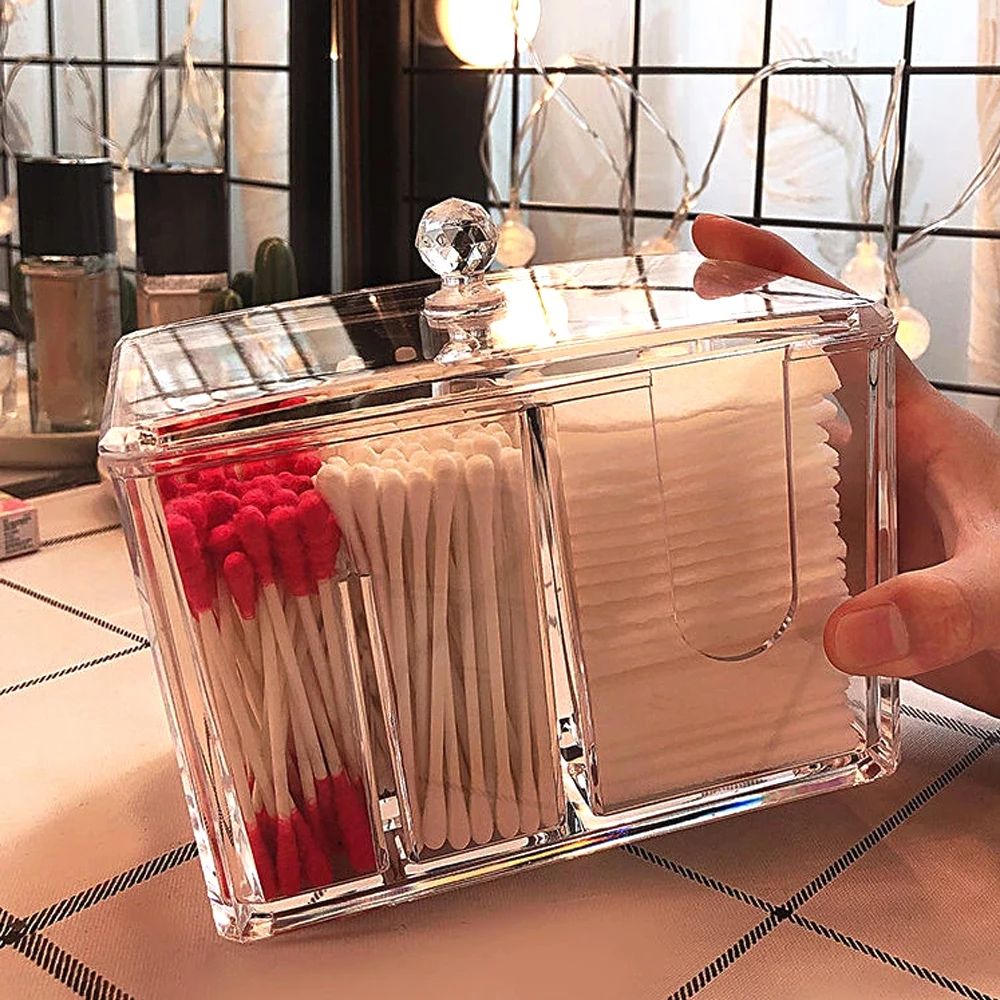 Transparent Acrylic Cotton Storage Box Dustproof Organizer For Cotton Swabs Cosmetics Desktop Dres 0