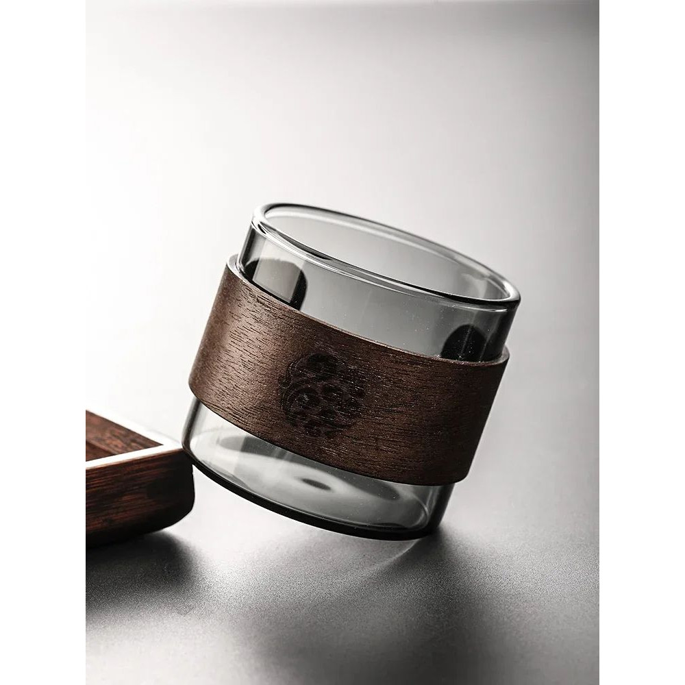 Walnut Handle Borosilicate Glass Water Cup Vertical Ash Colored Household Tea Cup For Living Room 4