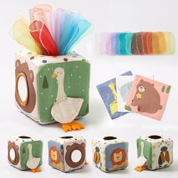 magic tissue box toy for babies montessori sensory cloth book, soft rattle game finger exercising busy board educational