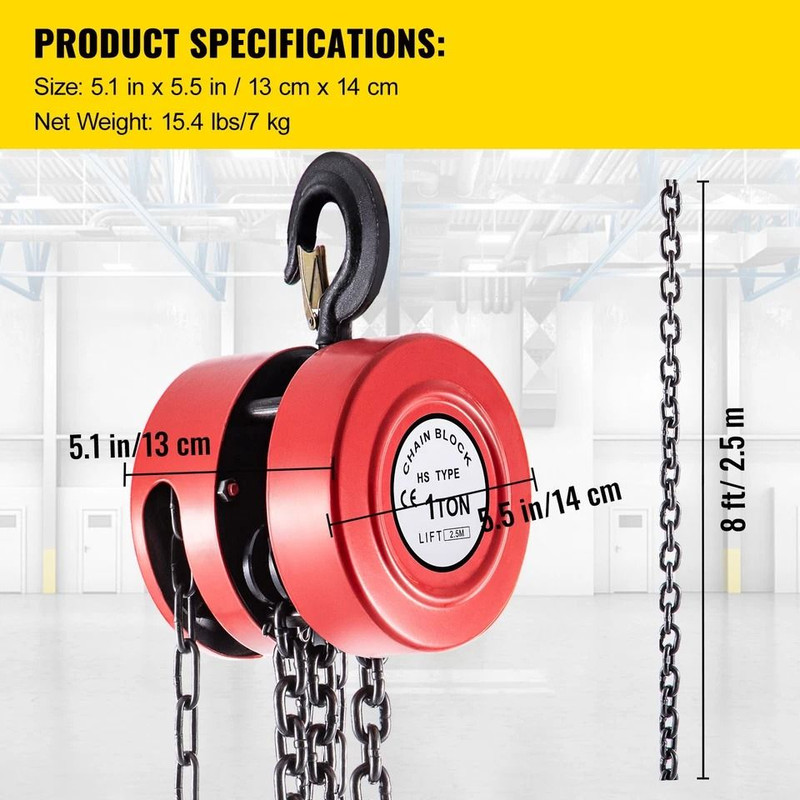 1Ton Manual Chain Hoist With 8FT Fall Chain Red Hook HeavyDuty Puller Block For Lifting 6