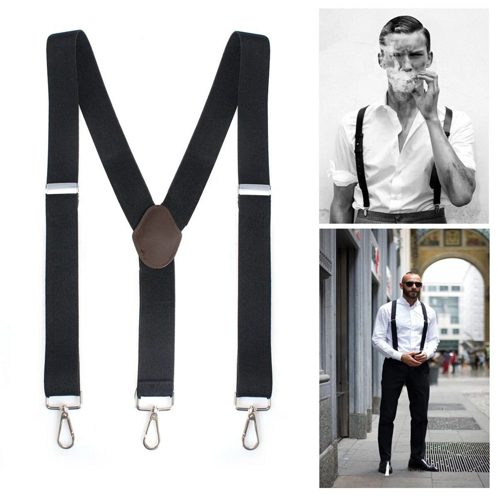 Mens Heavy Duty Work Suspenders Pery Belt Hook YBack Elastic Adjustable Black Suspenders 1