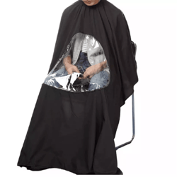 professional barber hair cutting cape with viewing window, adjustable salon styling drape for hairdressers, stylists