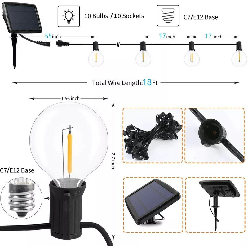 G40 Solar Powered 18ft Outdoor Patio String Lights Dusk To Dawn Globe Lights For Yard Bistro Deco 7