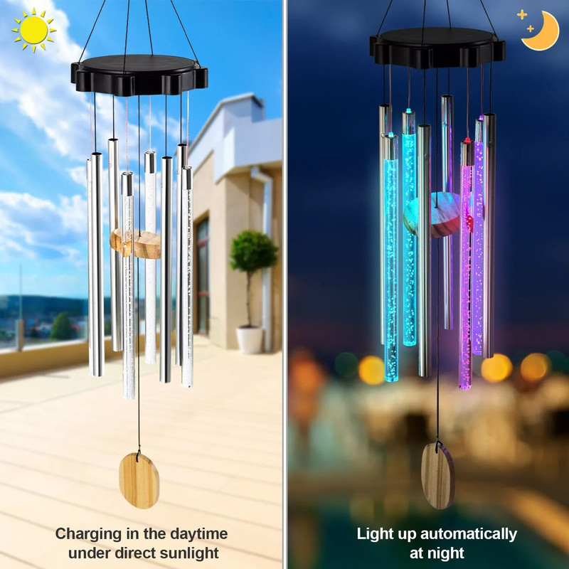 Color Changing Solar Wind Chimes LED Lights With Large Deep Tone Resonant Bell Tubes For Outdoor D 2
