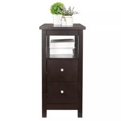 chairside end table with 2 drawer and shelf, narrow side table for home decor & storage, reddish brown accent table