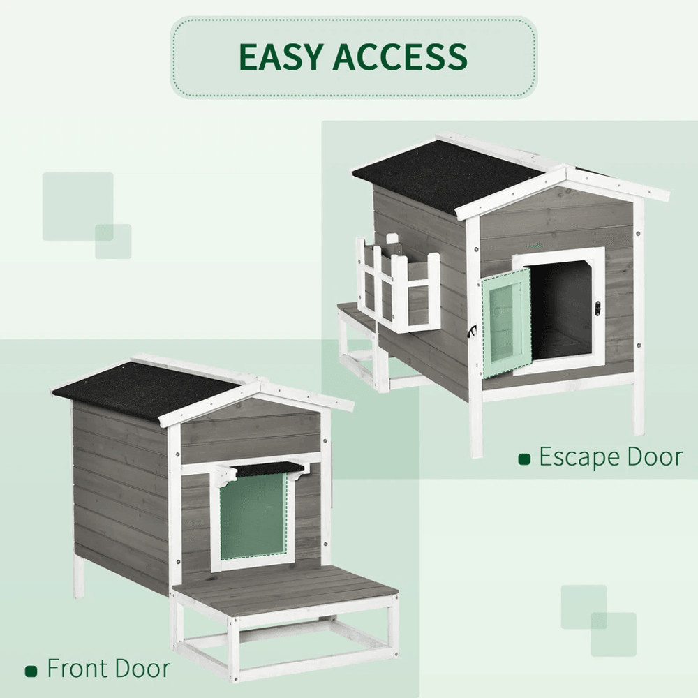 Wooden Raised Luxury Cat House With Balcony Porch Outdoor Indoor Dog Cage Grey Weatherproof 1