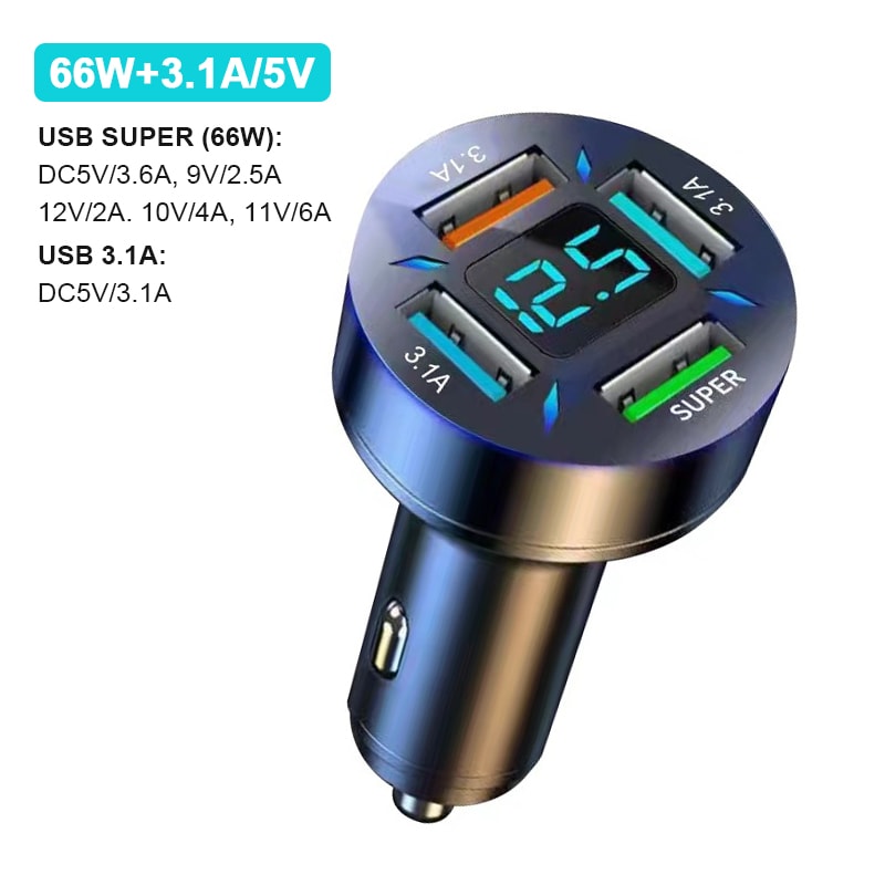 66W Quick Charge Car Phone Charger, PD & QC3.0 4 Port USB Cigarette Lighter Adapter for iPhone, Xiaomi, Samsung