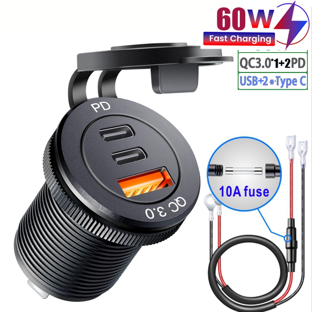 Quick Charge PD Car USB Socket Outlet Waterproof Charger for Auto Truck Motorcycle Marine Boat, Aluminum Power Socket