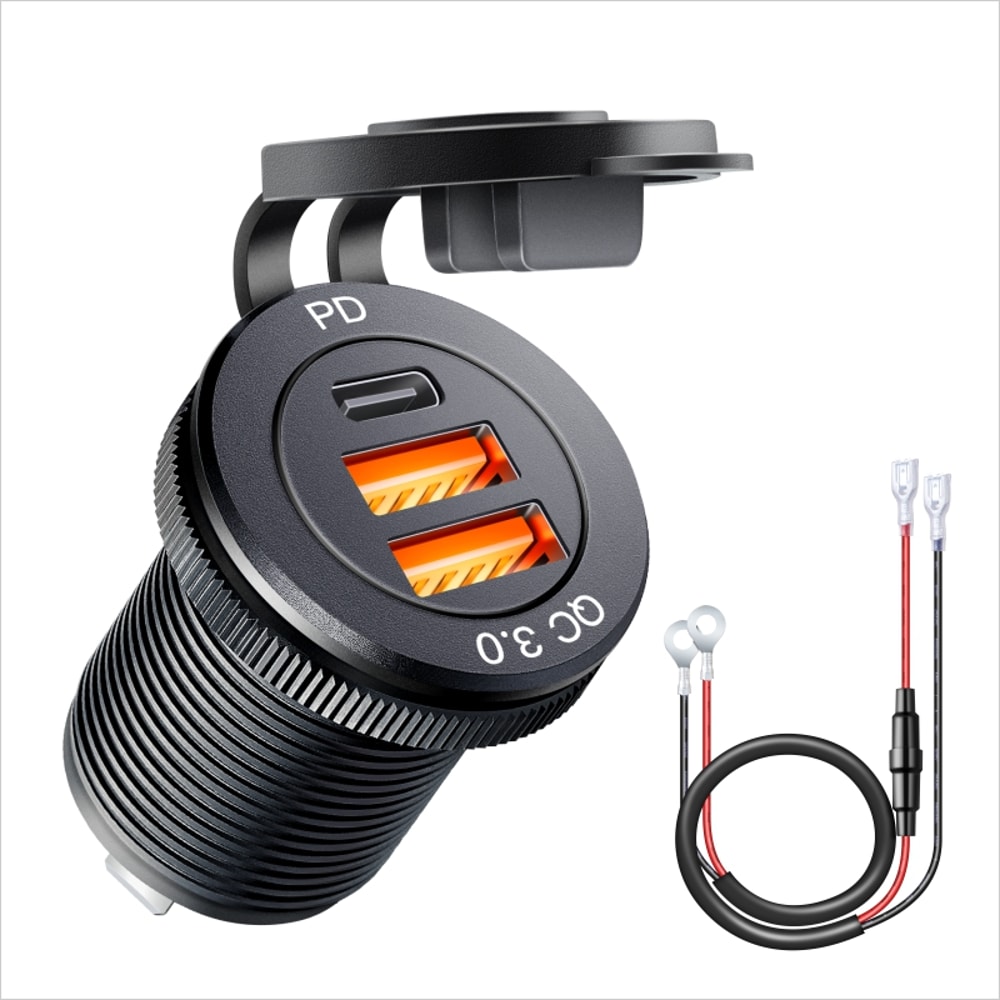 Quick Charge PD Car USB Socket Outlet Waterproof Charger for Auto Truck Motorcycle Marine Boat, Aluminum Power Socket