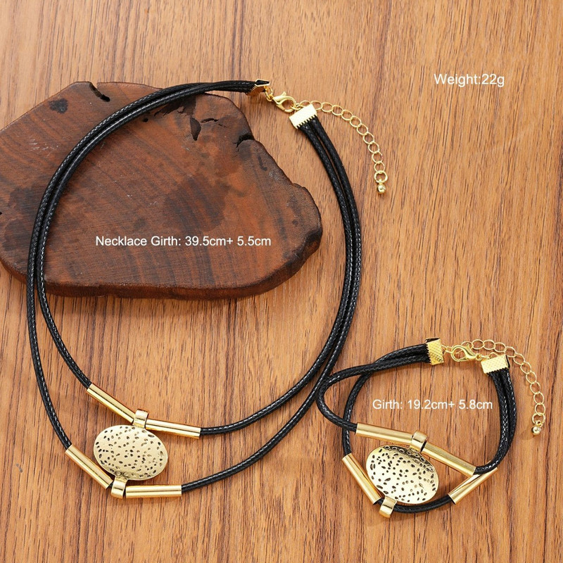 Oval Metal Necklace & Bracelet with Faux Leather Double Layered Chain, Elegant & Adjustable