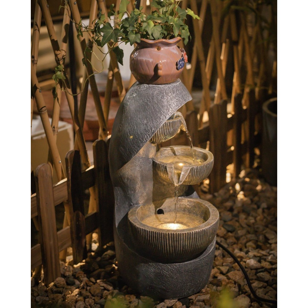 20 H Outdoor Water Fountain with LED Lights, Modern Garden Fountain for Patio, Deck, Backyard, Home Decor