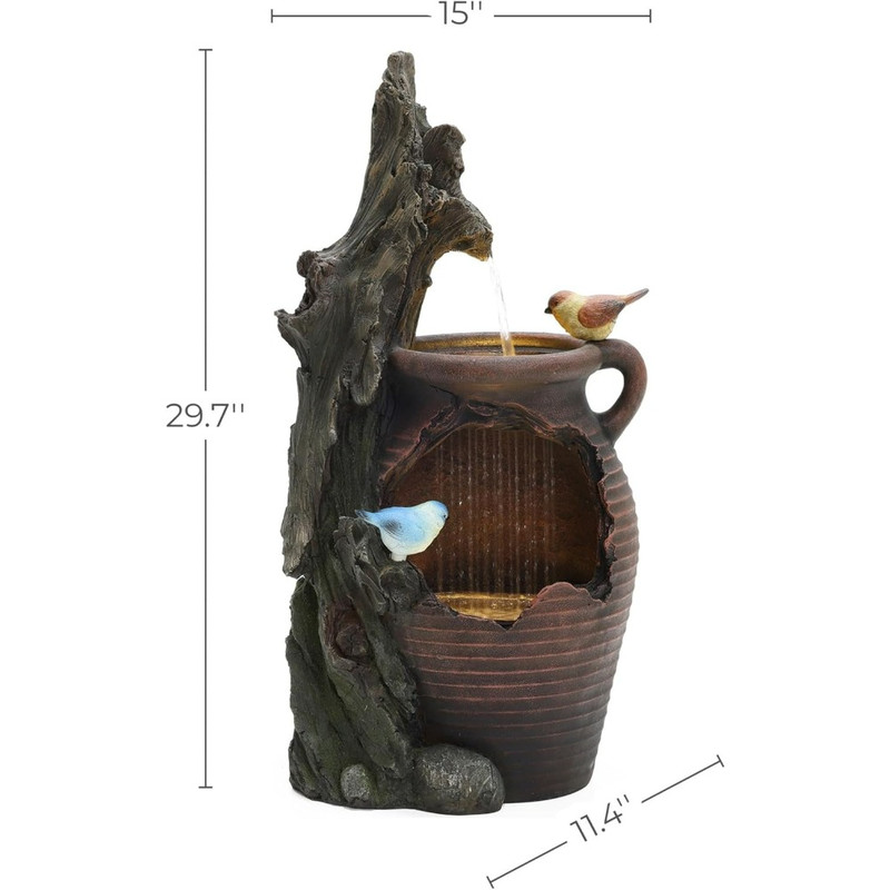 LuxenHome 30 Inch Tall Outdoor Water Fountain, Rustic Pot & Tree Trunk Cascading Waterfall Fountain for Garden, Patio