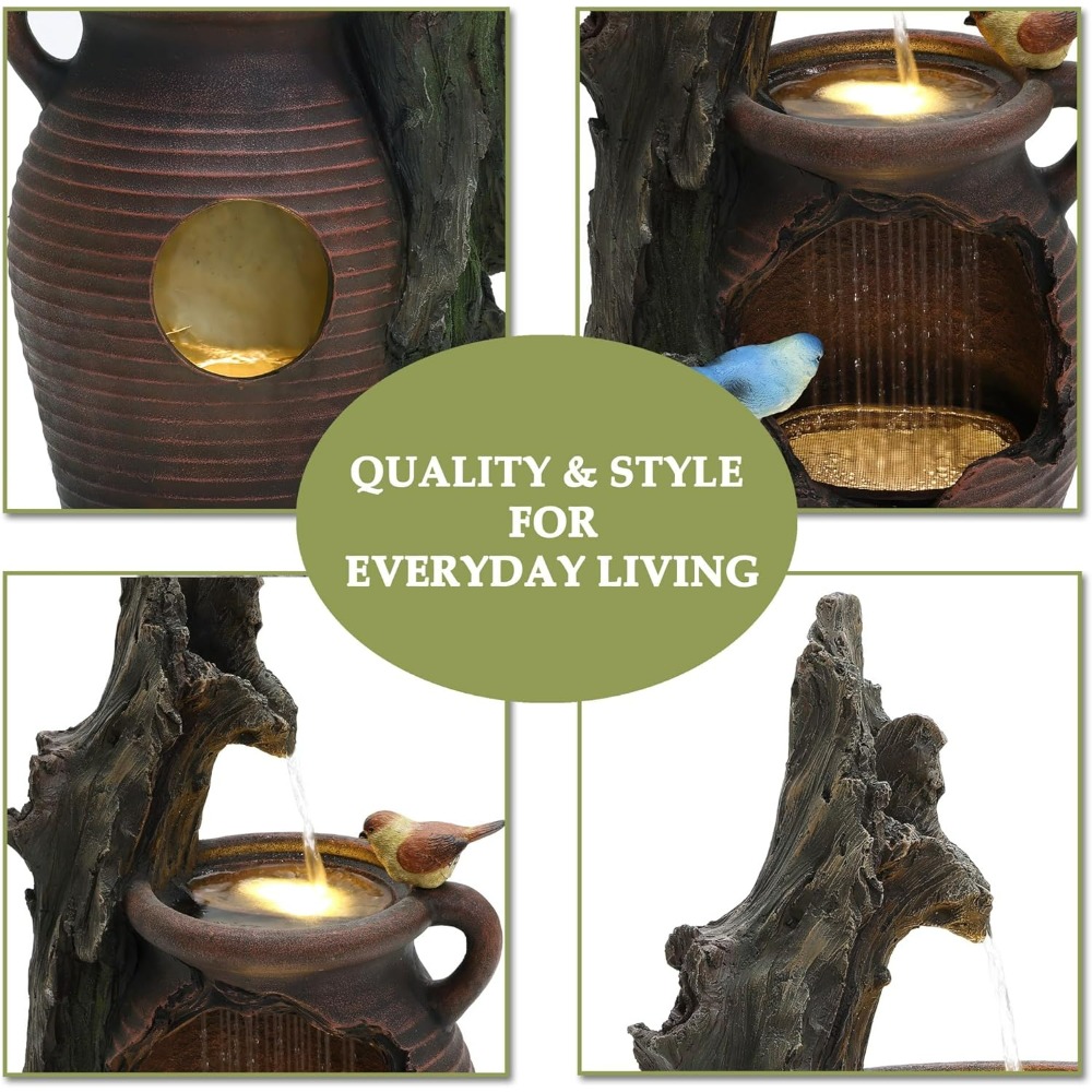 LuxenHome 30 Inch Tall Outdoor Water Fountain, Rustic Pot & Tree Trunk Cascading Waterfall Fountain for Garden, Patio