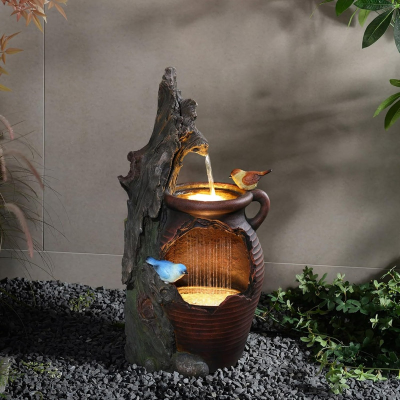 LuxenHome 30 Inch Tall Outdoor Water Fountain, Rustic Pot & Tree Trunk Cascading Waterfall Fountain for Garden, Patio