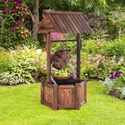 old-fashioned wood waterfall fountain with bucket pump, rustic farmhouse decoration for garden, backyard, outdoor decor
