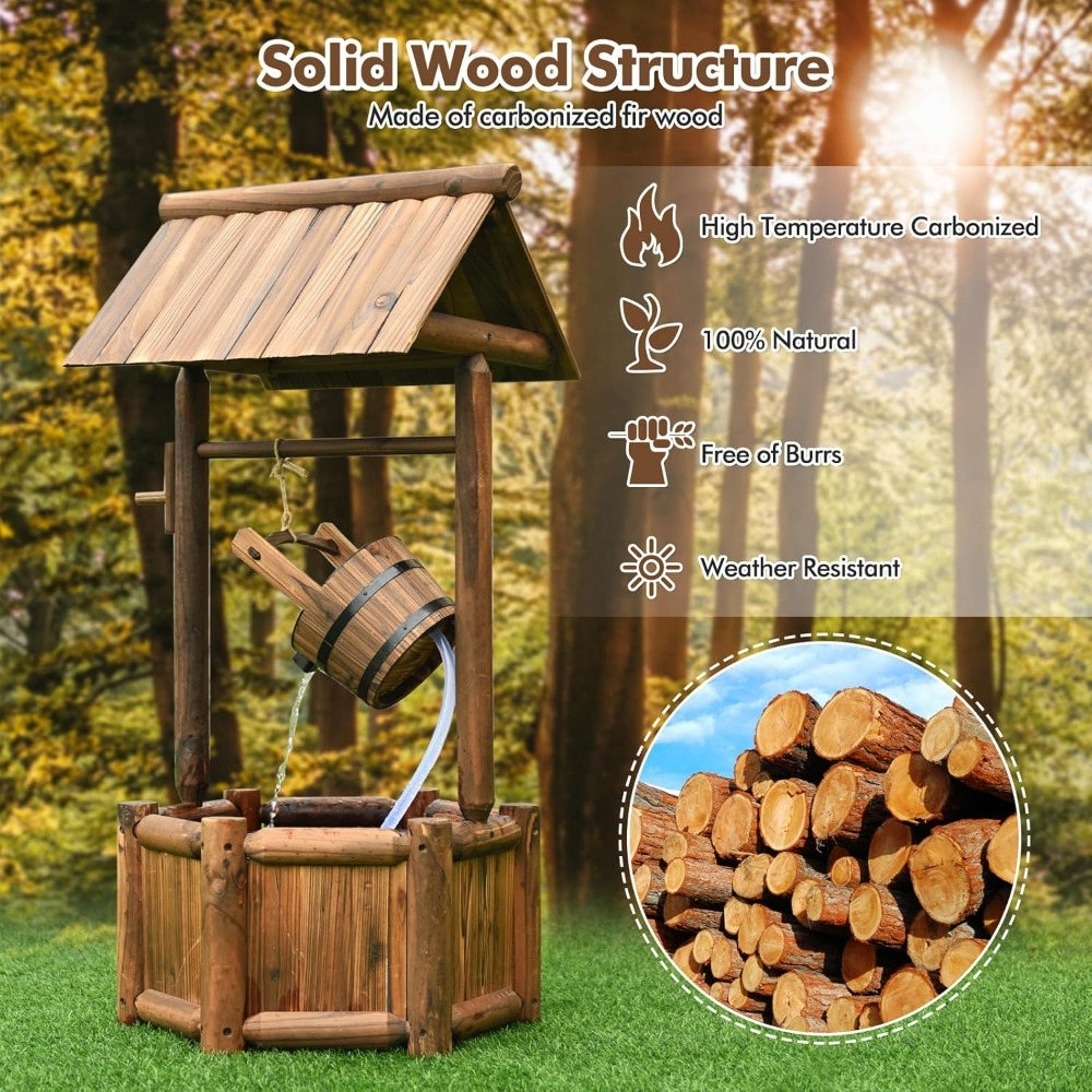 Old-Fashioned Wood Waterfall Fountain with Bucket Pump, Rustic Farmhouse Decoration for Garden, Backyard, Outdoor Decor