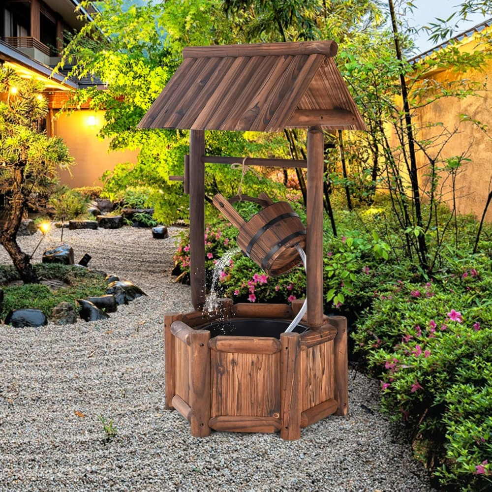 Old-Fashioned Wood Waterfall Fountain with Bucket Pump, Rustic Farmhouse Decoration for Garden, Backyard, Outdoor Decor