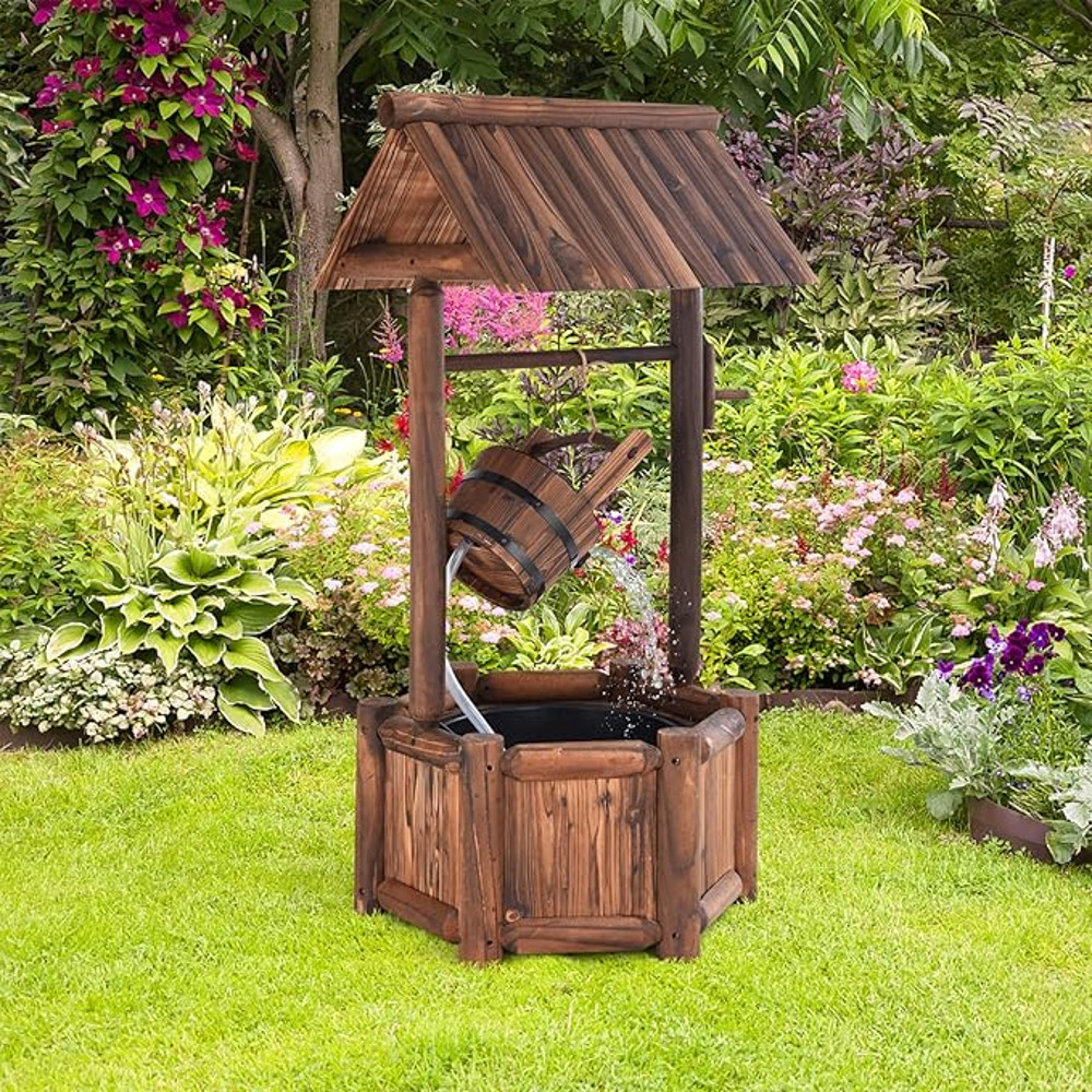 Old-Fashioned Wood Waterfall Fountain with Bucket Pump, Rustic Farmhouse Decoration for Garden, Backyard, Outdoor Decor