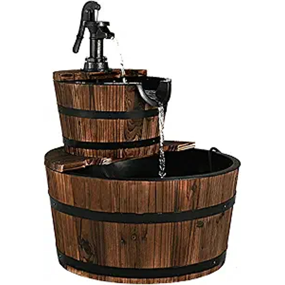 Rustic Wood Barrel Cascading Water Fountain with Electric Pump, Barrel Waterfall Fountain Outdoor for Garden & Patio