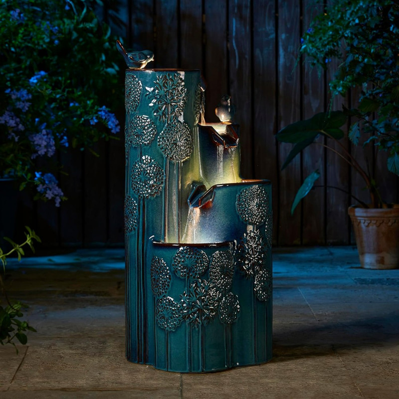 31.75 H Outdoor Water Fountain with LED Lights and Pump, Dandelion Texture Vase Shaped Ceramic Floor Standing Fountain