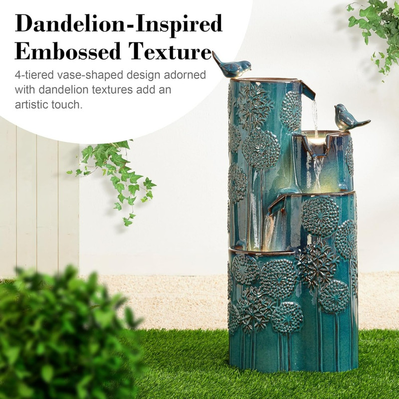 31.75 H Outdoor Water Fountain with LED Lights and Pump, Dandelion Texture Vase Shaped Ceramic Floor Standing Fountain