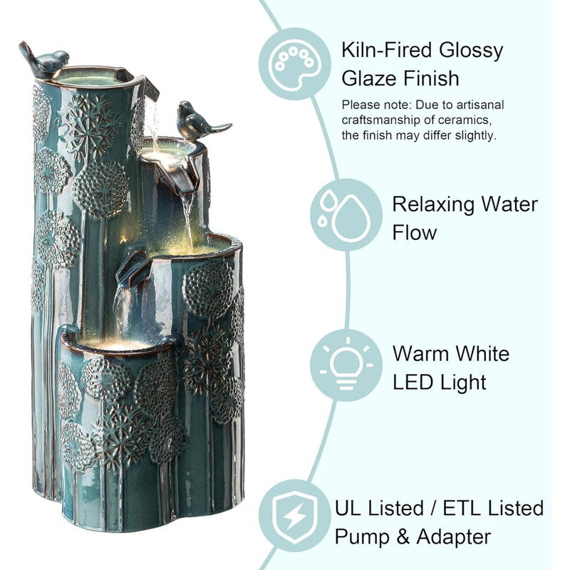 31.75 H Outdoor Water Fountain with LED Lights and Pump, Dandelion Texture Vase Shaped Ceramic Floor Standing Fountain