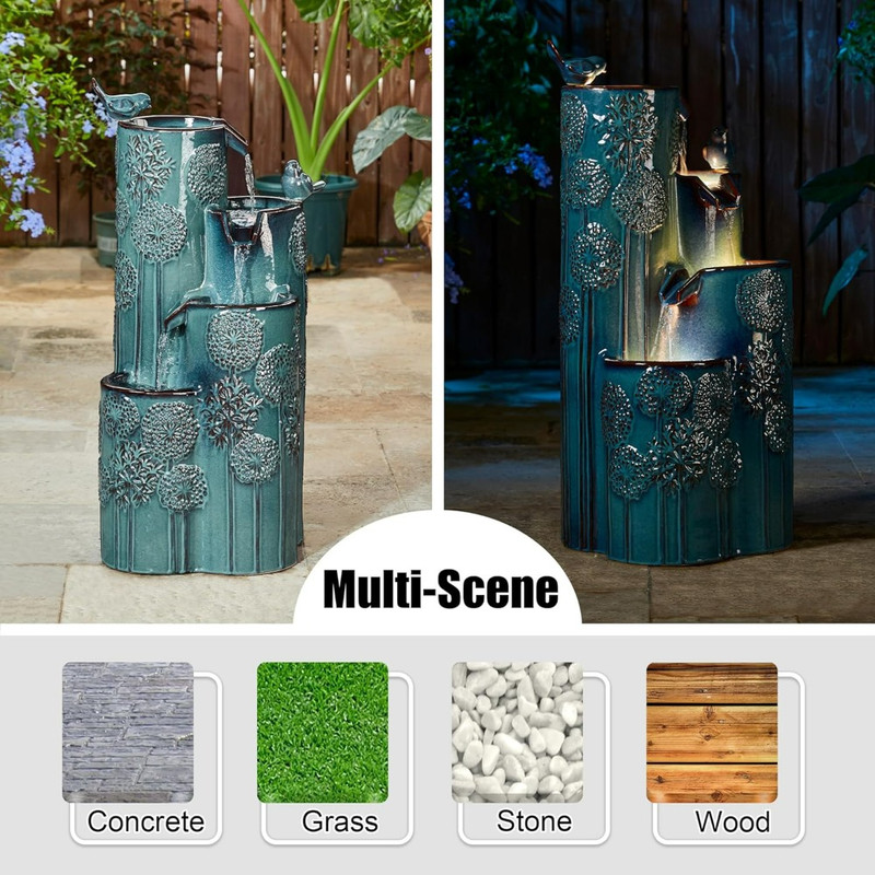 31.75 H Outdoor Water Fountain with LED Lights and Pump, Dandelion Texture Vase Shaped Ceramic Floor Standing Fountain