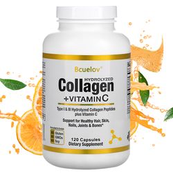 bcuelov hydrolyzed collagen type i iii with vitamin c, boost skin elasticity, hair nails joint bone health, 120 capsules