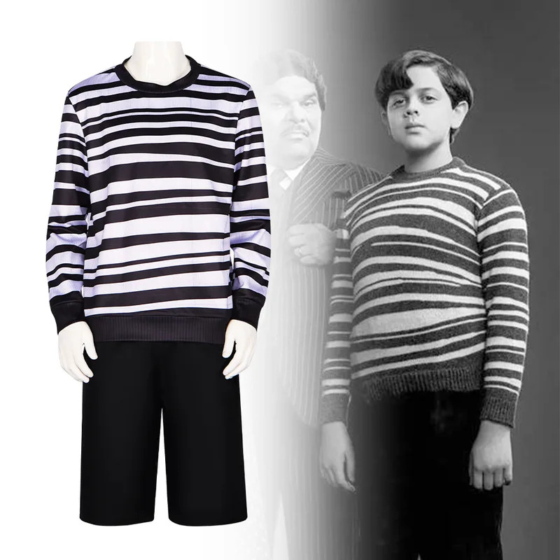 Movie Addams Family Pugsley Addams Cosplay Costume, Wednesday's Younger Brother Outfit with Tops & Pants for Halloween