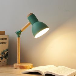 creative nordic table lamp, wooden art led turn-head bedside desk light for eye protection reading in bedroom & study