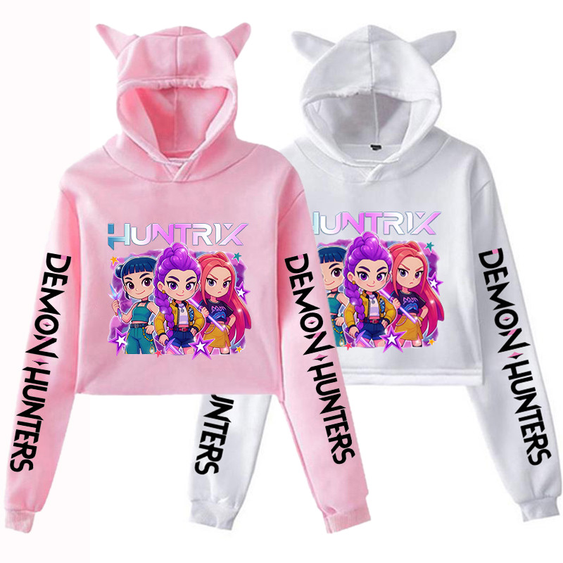 Mira Rumi Zoey Print Cat Ear Hoodie,KPop Demon Hunters Cropped Sweatshirt,Women's Long Sleeve Cartoon Graphic Crop Top