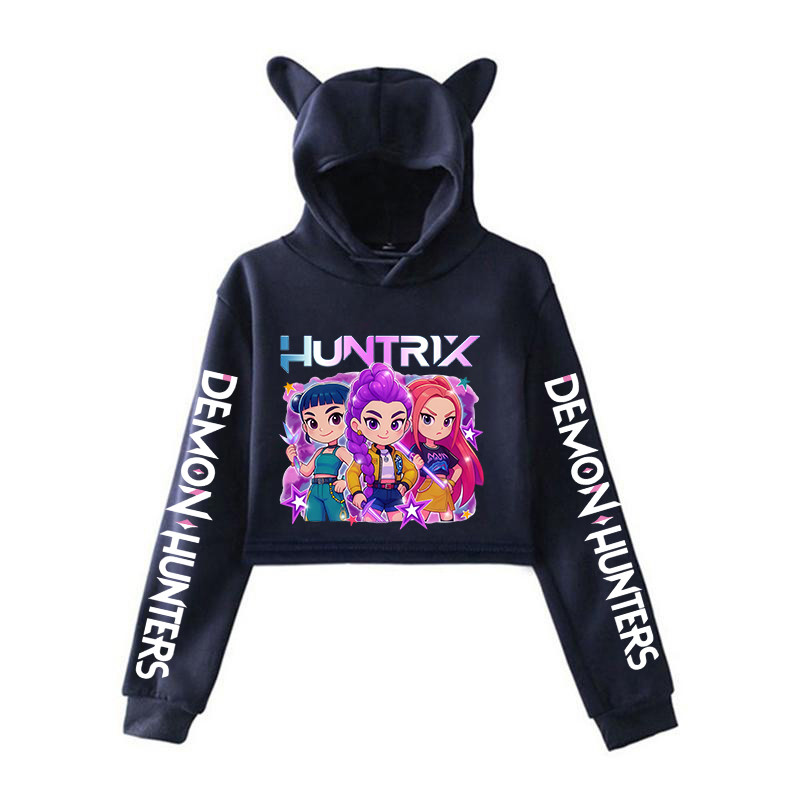 Mira Rumi Zoey Print Cat Ear Hoodie,KPop Demon Hunters Cropped Sweatshirt,Women's Long Sleeve Cartoon Graphic Crop Top