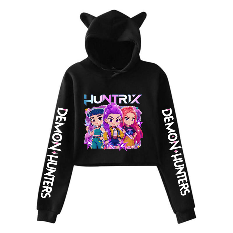 Mira Rumi Zoey Print Cat Ear Hoodie,KPop Demon Hunters Cropped Sweatshirt,Women's Long Sleeve Cartoon Graphic Crop Top