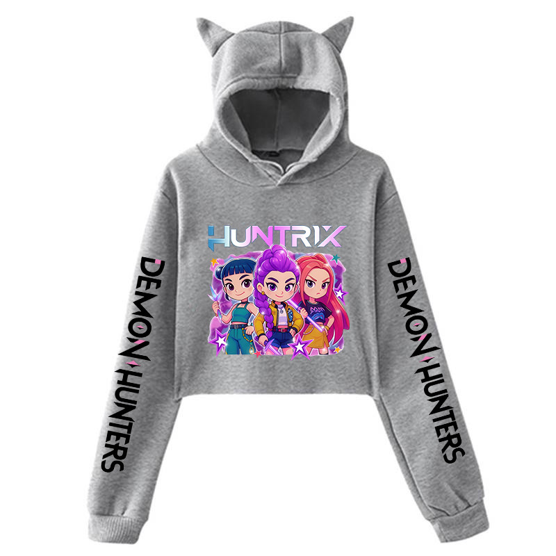 Mira Rumi Zoey Print Cat Ear Hoodie,KPop Demon Hunters Cropped Sweatshirt,Women's Long Sleeve Cartoon Graphic Crop Top